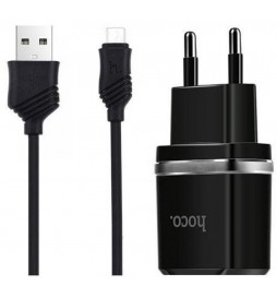 CHARGEUR HOCO - 2.4A 2X USB PLUG + CABLE MICRO USB  C12 SET BLACK