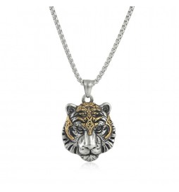 PENDENTIF TÊTE DE TIGRE EN ACIER TITANE NOIRCI ET PLAQUAGE DORÉ 