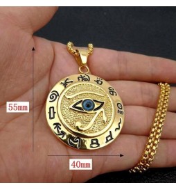 PENDENTIF ROND OEIL EGYPTIEN EN ACIER TITANE  PLAQUÉ DORÉ ET PIERRE BLEUE