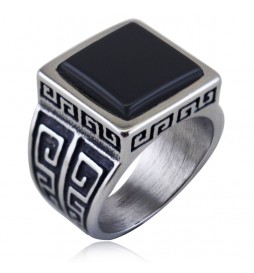 BAGUE CHEVALIÈRE ACIER PIERRE CARRE ONYX  TAILLE 68