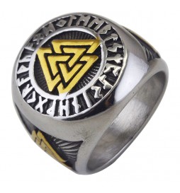 BAGUE CHEVALIÈRE ACIER MOTIFS TRIANGLES IMBRIQUÉS DORÉS TAILLE 62