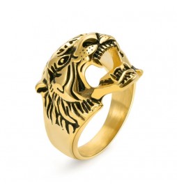 BAGUE ACIER TETE DE TIGRE PLAQUÉ OR TAILLE 62