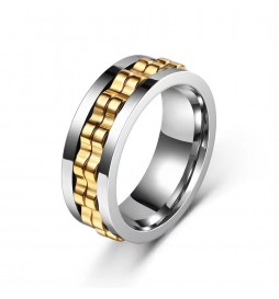 BAGUE ACIER DOUBLE ENGRENAGE DORÉE AU MILIEU TAILLE 58