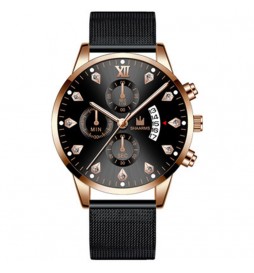 MONTRE SHAARMS BRACELET NOIR CADRAN OR ROSE AVEC CHIFFRE OR ROSE ET STRASS