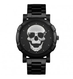 MONTRE NOIR CADRAN TETE DE MORT ACIER GRIS