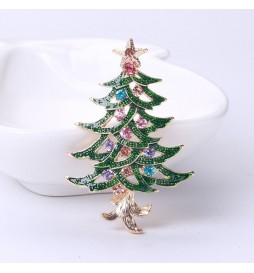 BROCHE EN ACIER DORÉ SAPIN VERT PIERRES BLEUES ET ROSES