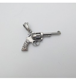 PENDENTIF GROS REVOLVER ACIER INOXYDABLE 