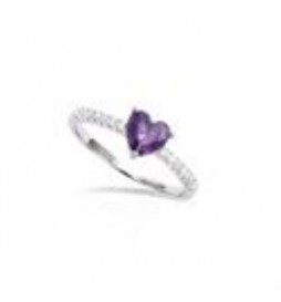 T58 BAGUE ARGENT RHODIE FORME COEUR OXYDE AMETHYSTE + OXYDES BLANCS