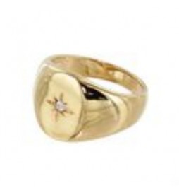 T54 BAGUE PLAQUE OR CHEVALIERE MIXTE RONDE ETOILE OXYDES BLANCS